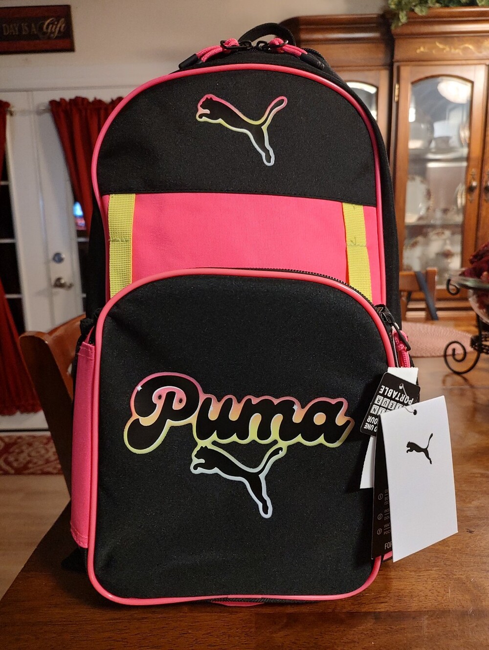 Puma Black Pink Backpack with Neon Gradient Logo